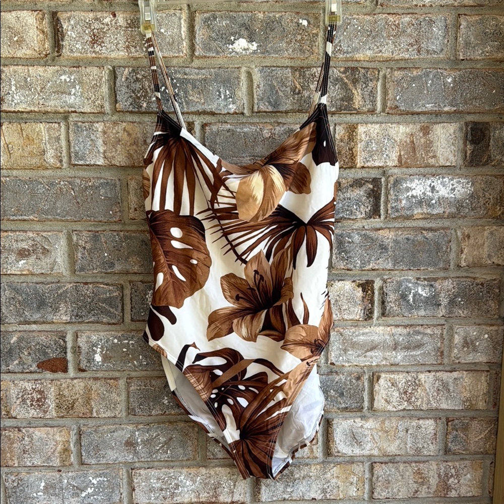 La Blanca Brown and White One Piece Swimsuit with Tropical Print